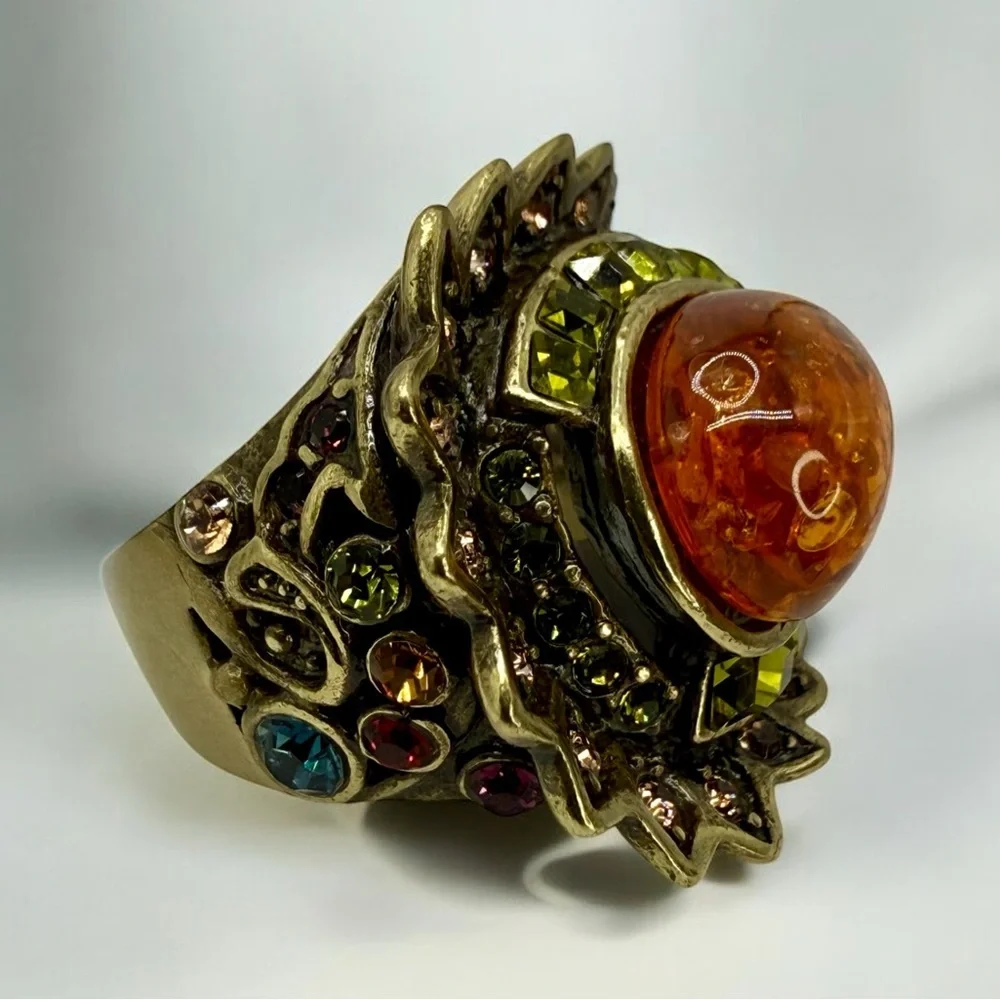 Vintage Heidi Daus Statement Ring – Amber Cabochon w Multi-Color Crystals Sz 7 - Picture 4 of 17
